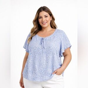 Como Vintage Sz. 2X Blue Paisley Boho Blouse | Flutter Sleeve Tie Neck Top